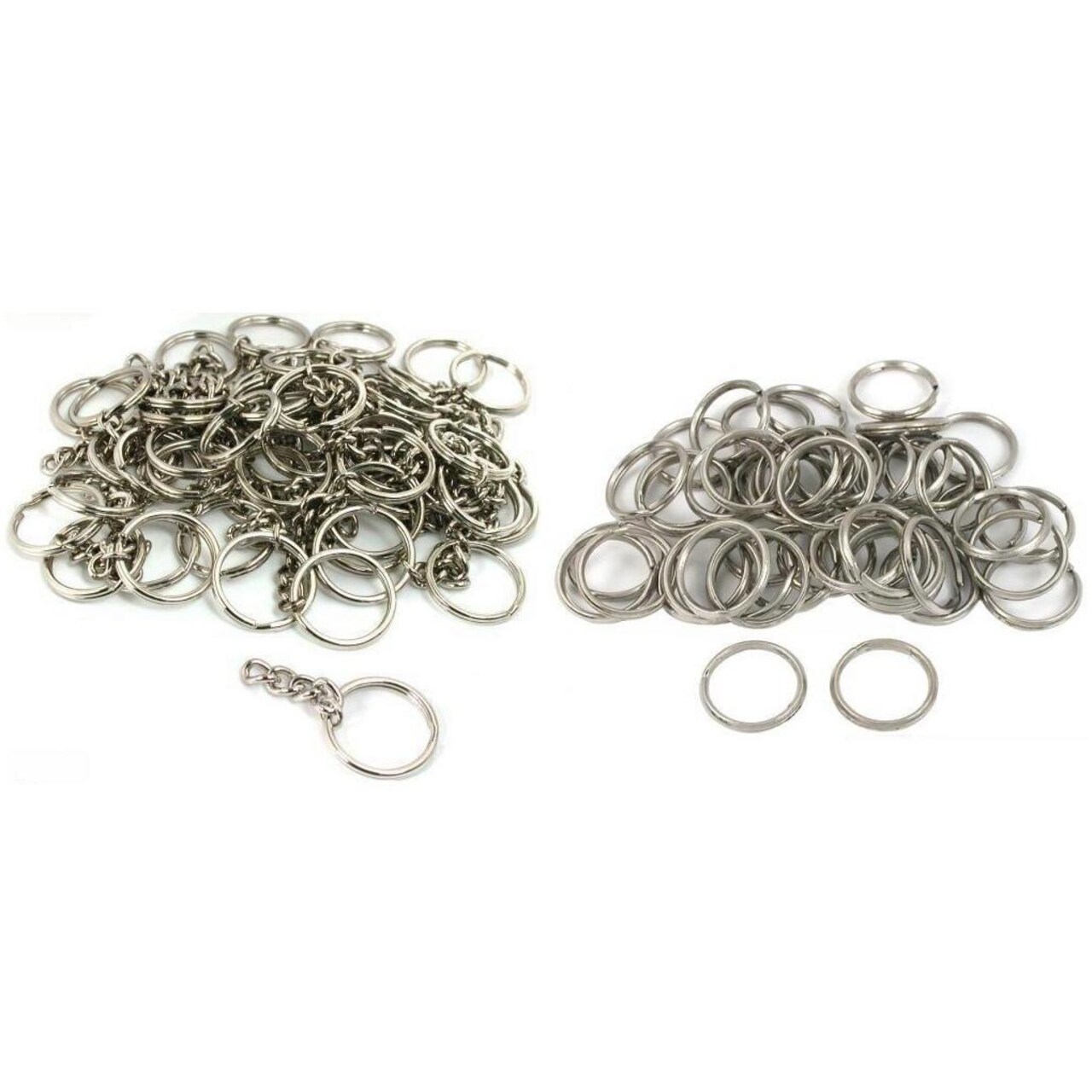 Nickel Plated Key Chain Ring W/ Chain & Metal Split Rings Findings Kit 100 Pcs